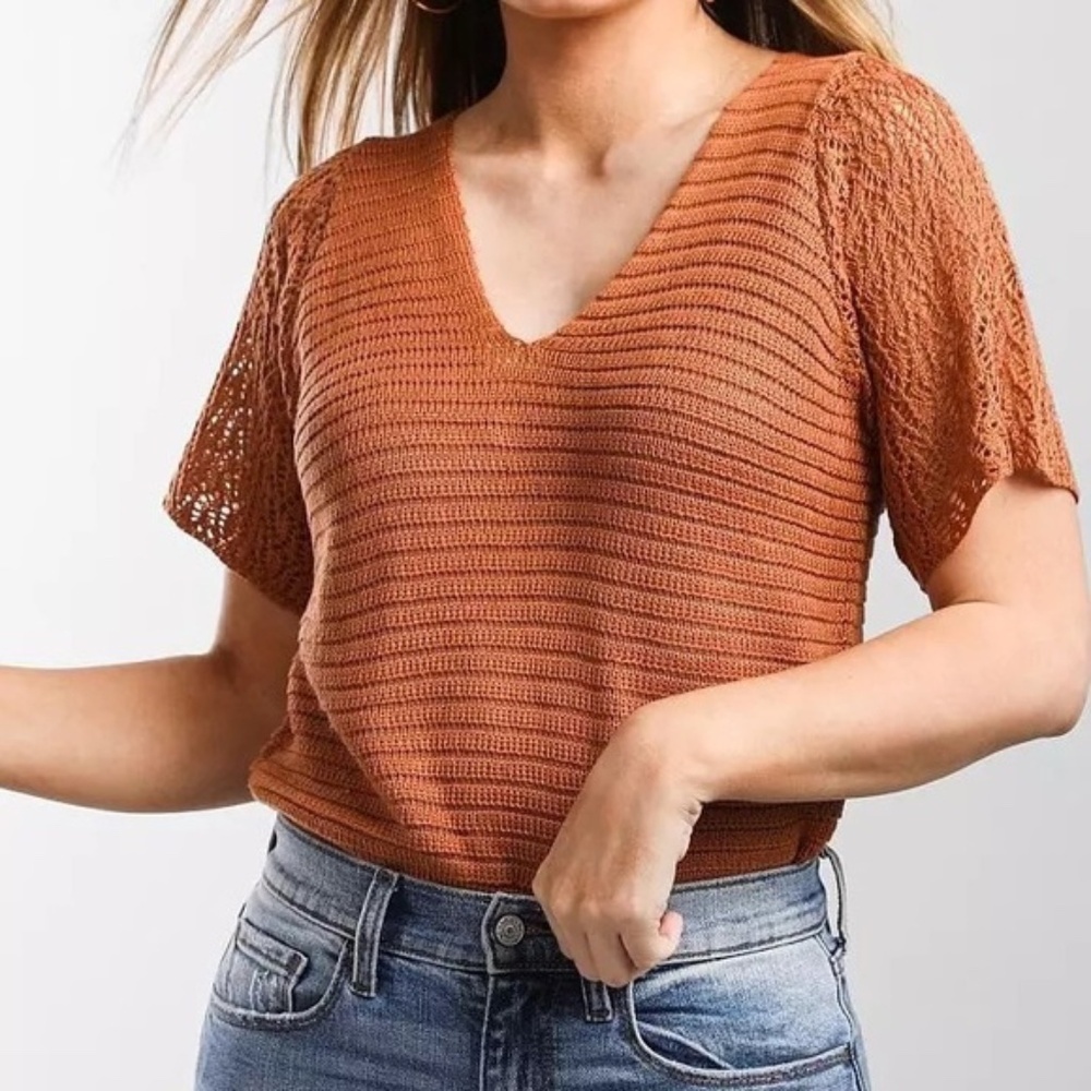 Gimmick by BKE Bodysuit XL Copper Rust Boho Knitted Sweater Cochet‎ Comfy